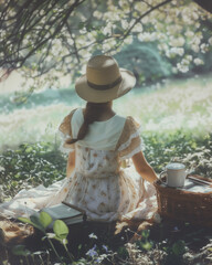 vintage summer picnic scene with woman in straw hat sitting alone under tree