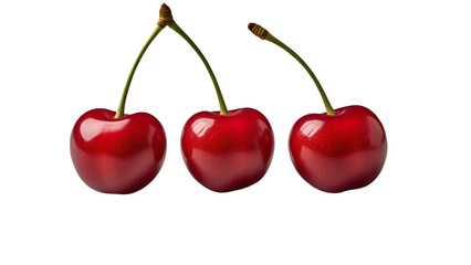 Cluster of Four Fresh Red Cherries with Green Stems on White Background