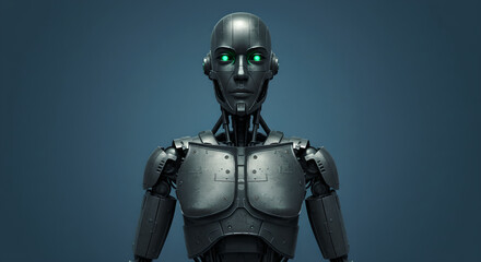Fototapeta premium Futuristic woman like humanoid robot with glowing green eyes. Cybernetic technology concept. Advanced machine intelligence. Artificial intelligence research and development.