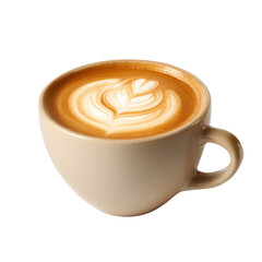 A creamy latte in a beige cup, featuring intricate leaf latte art on its surface.