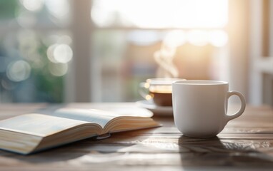 A cozy scene featuring a steaming cup of coffee beside an open book, creating a warm, inviting atmosphere perfect for relaxation and reading.