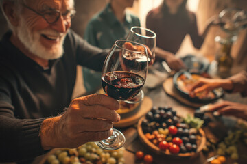 Group toasting wine glasses joyfully in a rustic vineyard setting, smiling under golden sunset glow.