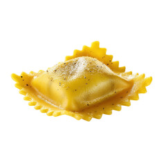 Obraz premium A single piece of ravioli, with a ridged edge and a dusting of seasoning, showcasing its smooth filling and vibrant yellow color.