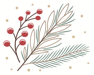 Christmas Floral Branch with Berries and Snowflakes.