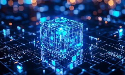 Dynamic holographic cube animation on circuit board with futuristic light effects - Powered by Adobe