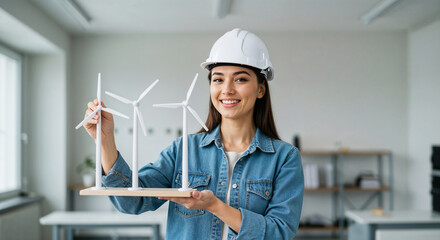 Pretty engineering student presenting green alternative energy project in classroom  