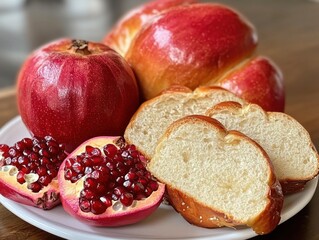 Delicious challah bread and fresh pomegranate on a white plate a delightful still life food photography perfect for festive occasions and culinary themes