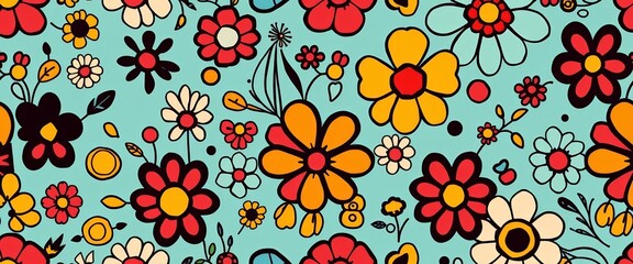 Abstract colorful doodle seamless pattern Retro vintage style line art floral design ideal for textile, paper, packaging, colorful, style