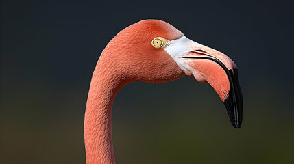 Fototapeta premium Close Up Portrait Of A Pink Flamingo With Elegant Curved Neck Against A Dark Background Showing Detailed Feathers And Delicate Beak