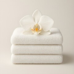 A beautifully detailed spa icon featuring neatly stacked, fluffy white towels elegantly folded to perfection, topped with a delicate, freshly bloomed orchid or lily flower