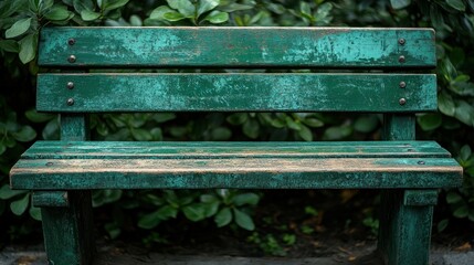 Fototapeta premium Weathered park bench, teal green, aged wood