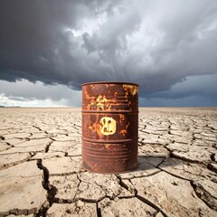 Naklejka premium Rusted barrel on cracked desert floor under stormy sky