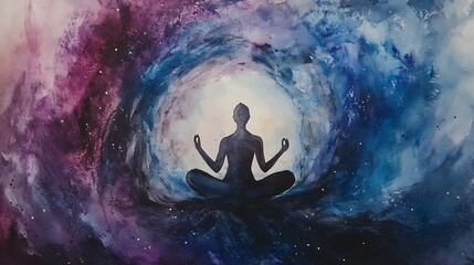 Fototapeta premium Embrace Your Inner Cosmos: A silhouette of a meditating individual merges seamlessly with the swirling beauty of a cosmic galaxy, offering a sense of tranquility and self-discovery. 
