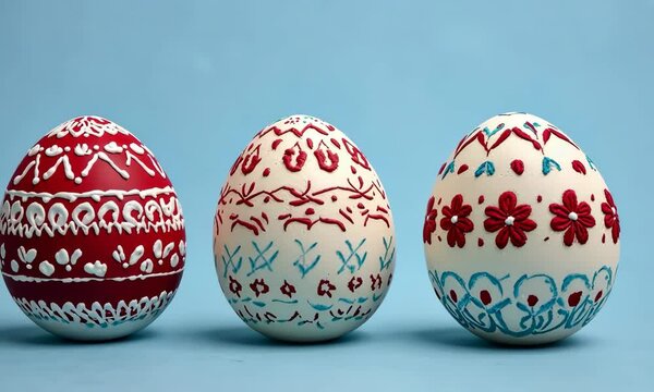 Vibrant handpainted easter eggs rotating on pastel blue surface