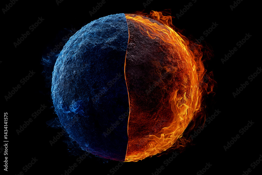 Poster abstract image of a sphere divided into fire and ice, showcasing contrasting elements, symbolizing d