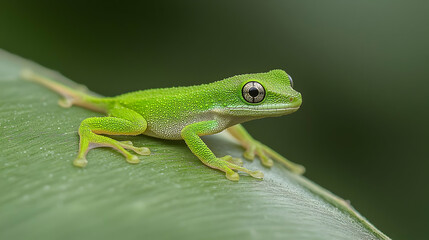 Fototapeta premium Detailed Macro Shot Of Green Frog On A Leaf In Natural Habitat With Spots Showing Its Skin And Eye Details