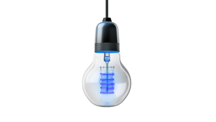 Isolated lightbulb with blue filament hanging from a cord against a transparent background in a studio shot png