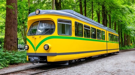 Naklejka premium A yellow train with green accents sits on tracks in a forest