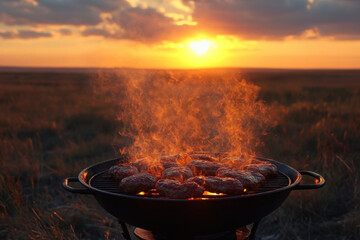Grill with meat cooking at sunset, creating a warm, inviting glow and a mouth-watering aroma.