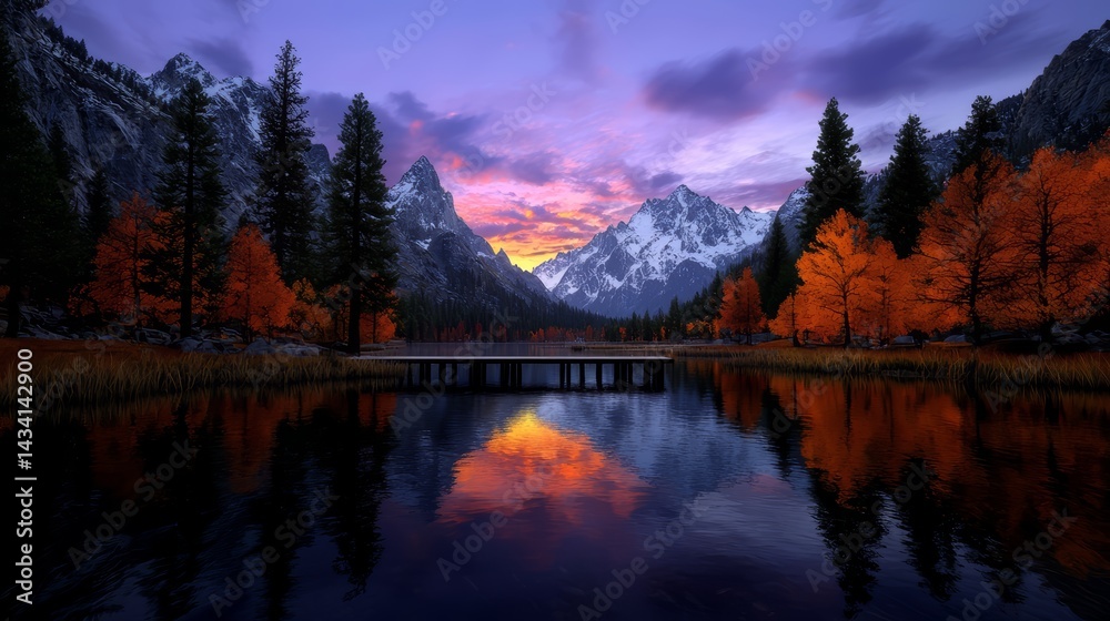 Poster beautiful mountain range with a lake in the foreground. the lake is calm and the sky is orange and p