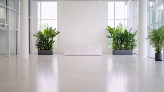 Modern, bright office lobby with minimalist design. Lush greenery adds a touch of nature to the clean, spacious environment