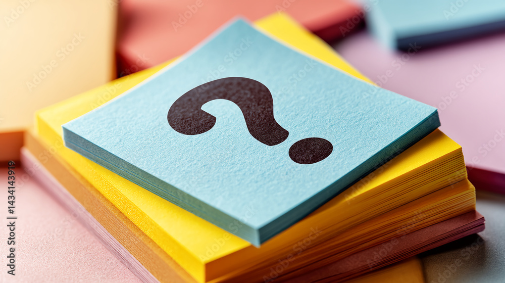 Aufkleber Stack of colorful sticky notes, top note displays a question mark, symbolizing inquiry, problem-solving, or brainstorming concepts