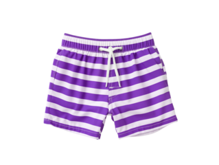 A pair of purple and white striped swim trunks with a white drawstring on a transparent background png
