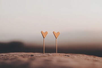 優しい夕焼けの中、ハート型のピックが寄り添い、愛を表現している瞬間。