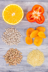 Nutritious food as source differents vitamins and minerals for healthy hair