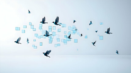 Abstract Flight Of Blue Birds Among Light Blue Cubes In A White Space