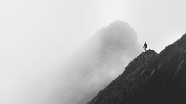 Man climbing a mountain in the mist. Conquering the summit even though the route is not always easy. Artistic monotone black and white photography.