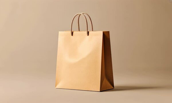 Brown paper bag with twisted handles rotating on neutral background
