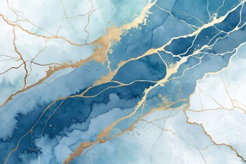 Elegant hand painted blue watercolor with golden veins, cracked marble texture background for wedding invitations, modern wall art and design

