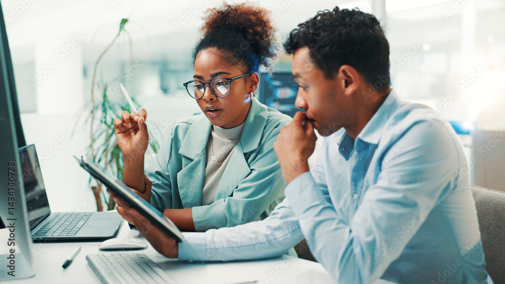Poster Planning, tablet and teamwork with business people in office for gaming developer, programming render and research. Coding esports prototype, design engineer and backend script with employees for app