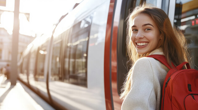 Smiling young woman with red backpack at train station, enjoying travel, sunshine and public transportation in an urban morning commute setting.
