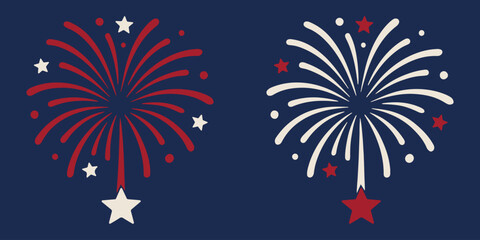 Patriotic themed fireworks illustration in red, white, and blue with stars on a dark background, for Independence Day or celebrations. 4 july banner. Memorial day and Veteran day. Vector illustration