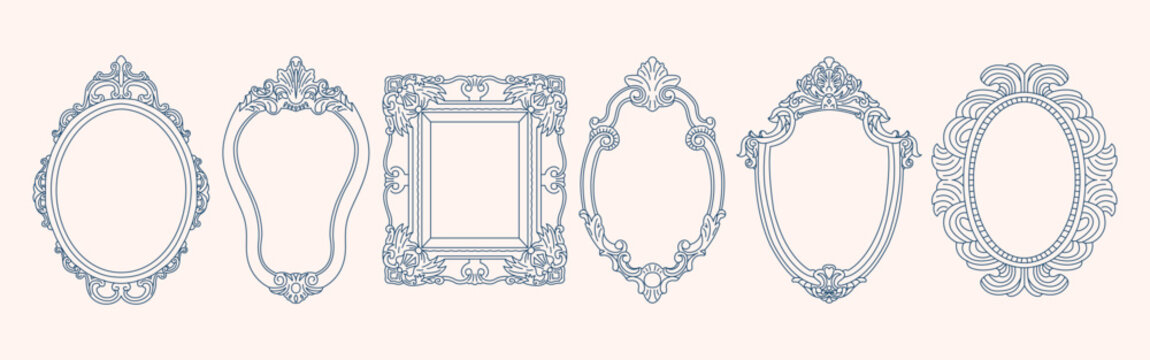Set of Antique Victorian style frames for art or picture. Flat vector illustrations of decorative linear vintage frames.