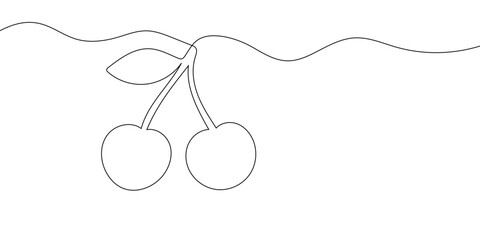 Simple single line art of two cherries with a leaf, designed in a minimalistic style. Minimal continuous line drawing of cherries. Vector illustration