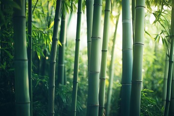 Fototapeta premium Lush Green Bamboo Forest Serene Nature Photography, Tranquil Bamboo Grove, Picturesque Bamboo Plants, Asian Bamboo Landscape, Vibrant Green Bamboo Stalks