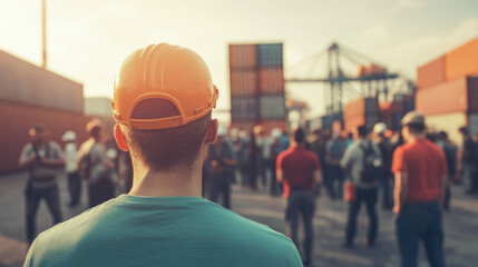 Construction worker wearing safety helmet observes group at shipping yard during sunset, with cargo containers and industrial cranes in the background, evoking teamwork and industry.