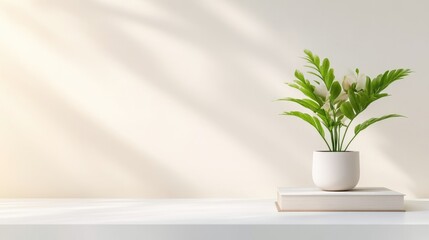 Plant in Pot on Books Minimalist Soft Lighting Wide Shot Textured Surface Peaceful Display Creamy Wall Warm Neutral Tones Perfect for Home Decor