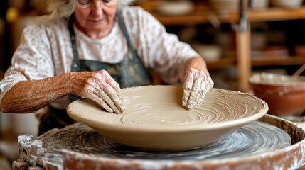 Senior woman shaping clay on a pottery wheel