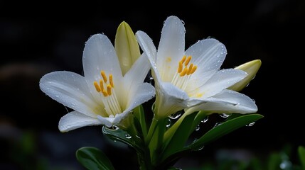Close-up of two delicate, white lilies with water droplets, vibrant yellow stamens, and lush green foliage against a dark background