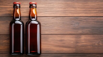 Two brown glass bottles of beer on a wooden surface, showcasing a rustic and inviting aesthetic.