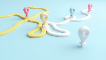 Colorful Map Pins on Winding Paths.