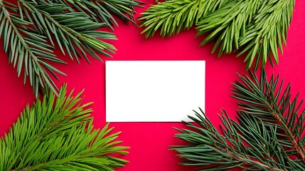 Fototapeta premium Blank white card on a red background surrounded by pine branches