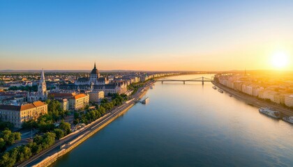 Obraz premium Panoramic sunrise over city with river