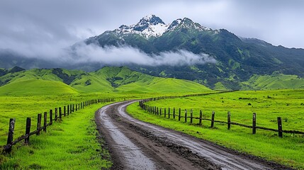 Winding road through lush green hills with mountains in the background and a cloudy sky.