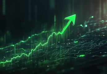 A green arrow pointing upward on a digital graph