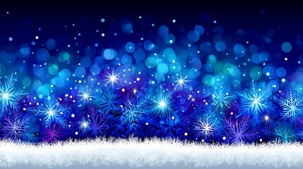 Obraz premium A dark blue background with white snow and a row of glowing blue snowflakes